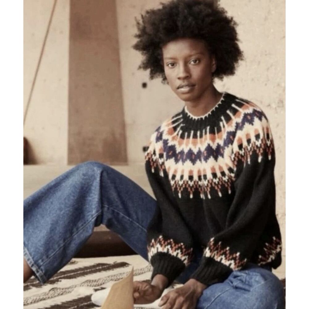 DOEN Size Lrg Black Field Sweater in Aberdeen Fair Isle Soft Baby Alpaca Blend - Picture 8 of 8